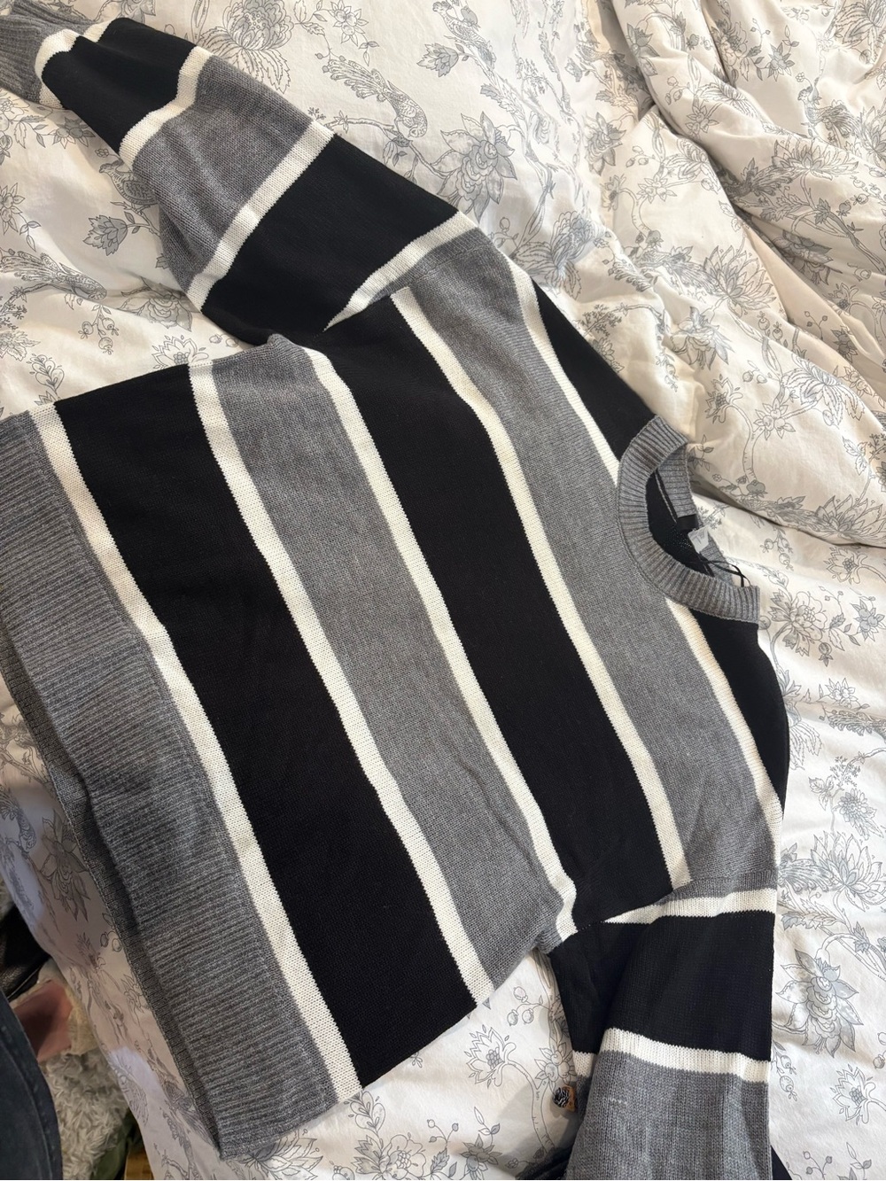 Women’s Striped Crewneck Sweater - Black, Gray & White